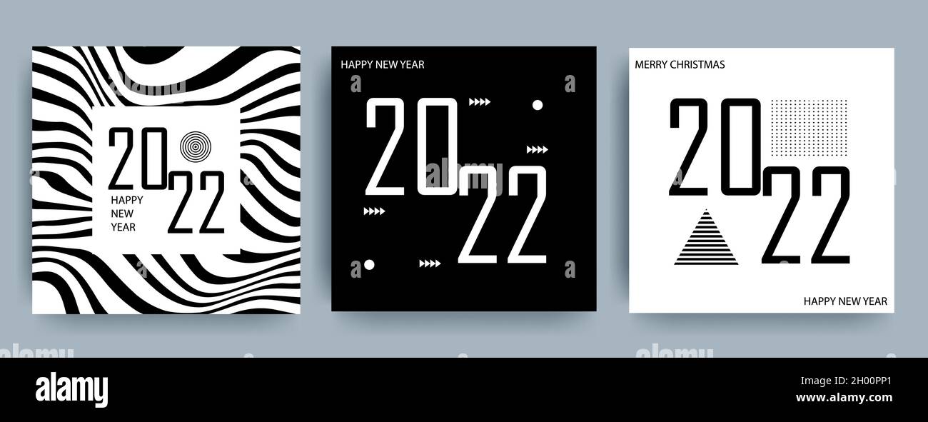 Design creativo per la carta di Capodanno 2022 su sfondo moderno. Poster in stile Memphis. Bianco e nero. Vettore Illustrazione Vettoriale