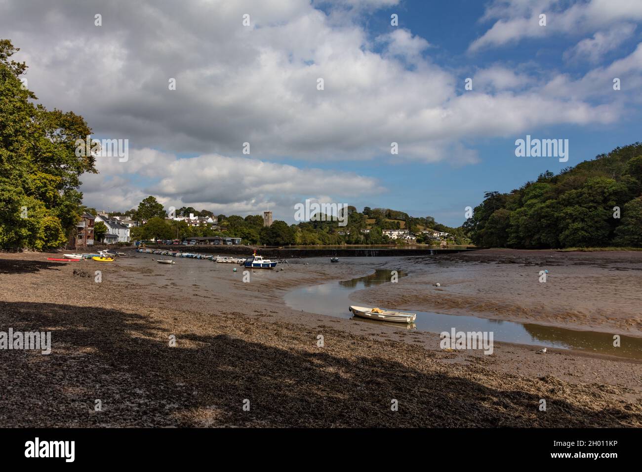 Villaggio di Stoke Gabriel su un torrente del fiume Dart con grande laghetto, South Hams, Inghilterra, Regno Unito. Foto Stock