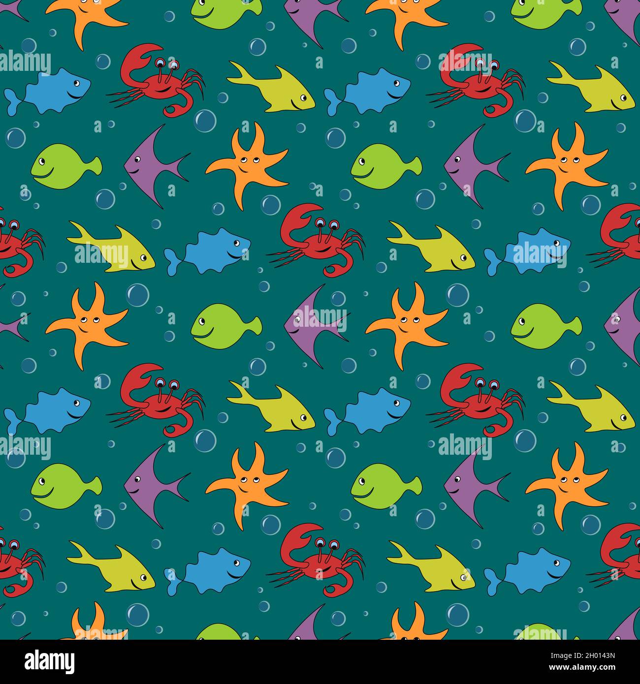 Disegni per bambini Pesce granchio Starfish senza giunture Pattern Illustrazione Vettoriale