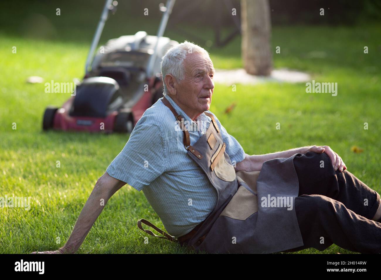 Uomo anziano che riposa sul prato dopo aver falciato l'erba nel cortile Foto Stock