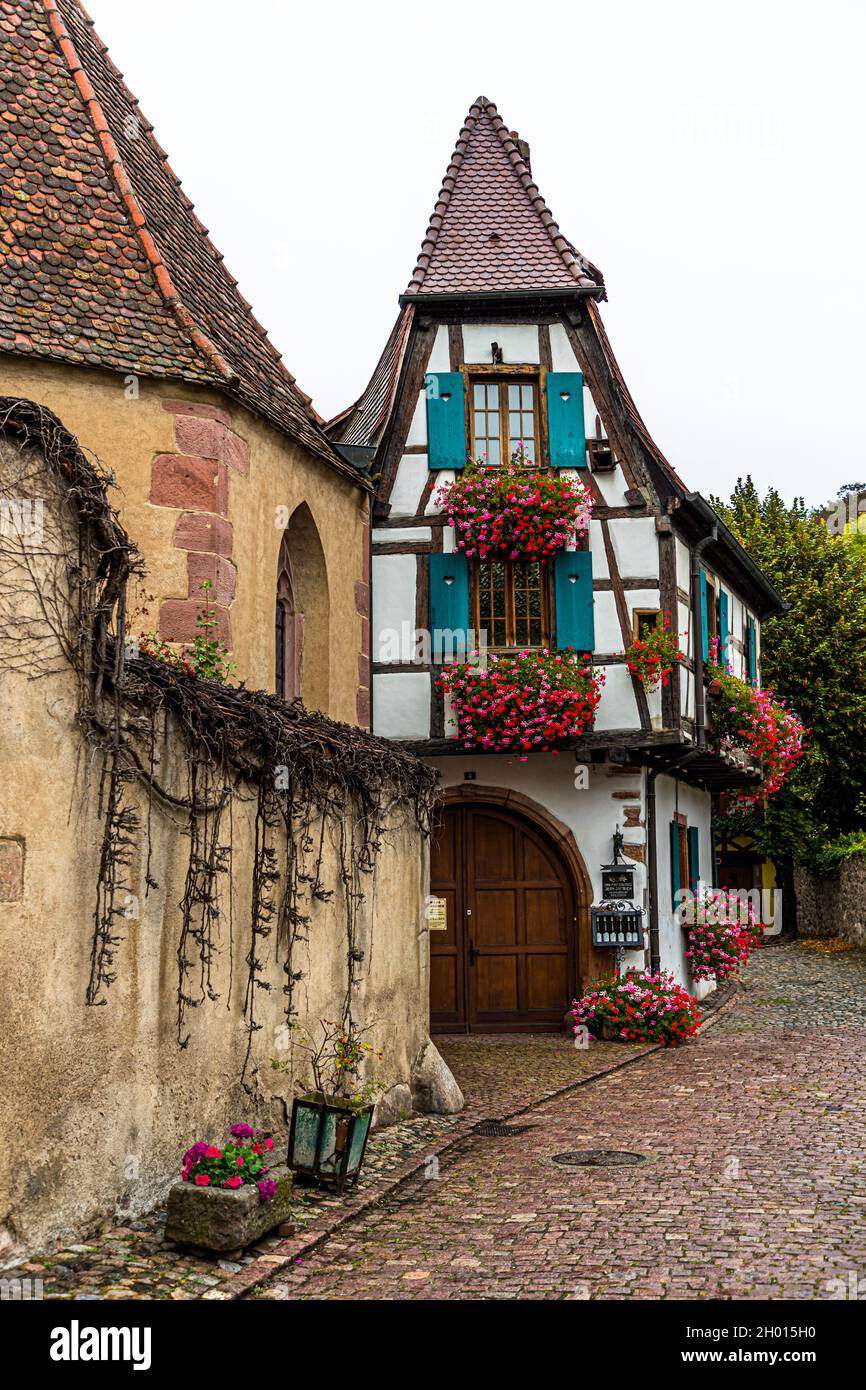 Vista sulla strada con case a graticcio a Kaysersberg, Francia Foto Stock