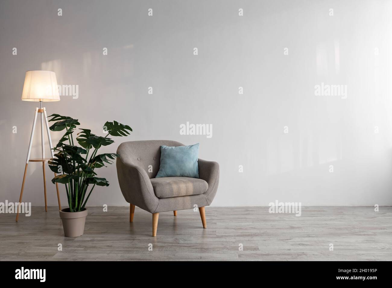 Comoda poltrona con cuscino, lampada luminosa, grande pianta verde in pentola sul pavimento su sfondo grigio parete in ufficio o soggiorno. Interni reali, stile ecologico Foto Stock