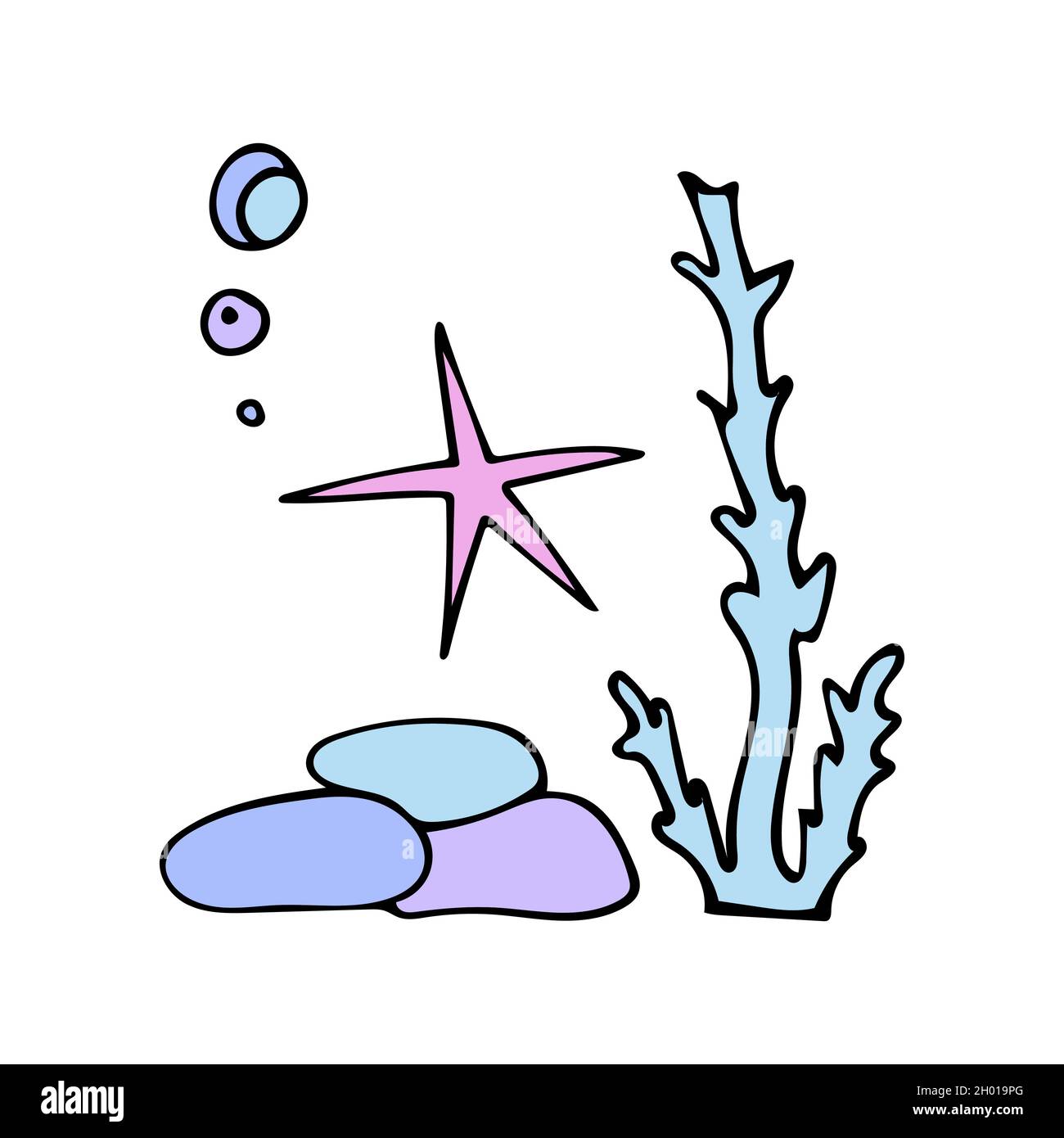 Stelle marine colorate con bolle d'aria vicino alle alghe e alle pietre. Stile Doodle. Illustrazione Vettoriale