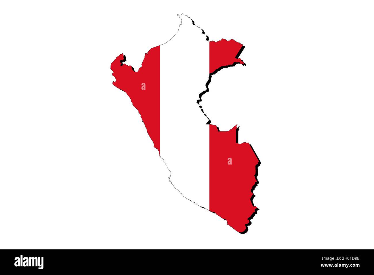 Mappa del Perù con la bandiera nazionale sovrapposta al paese. Grafica 3D che proiettare un'ombra sullo sfondo bianco Foto Stock