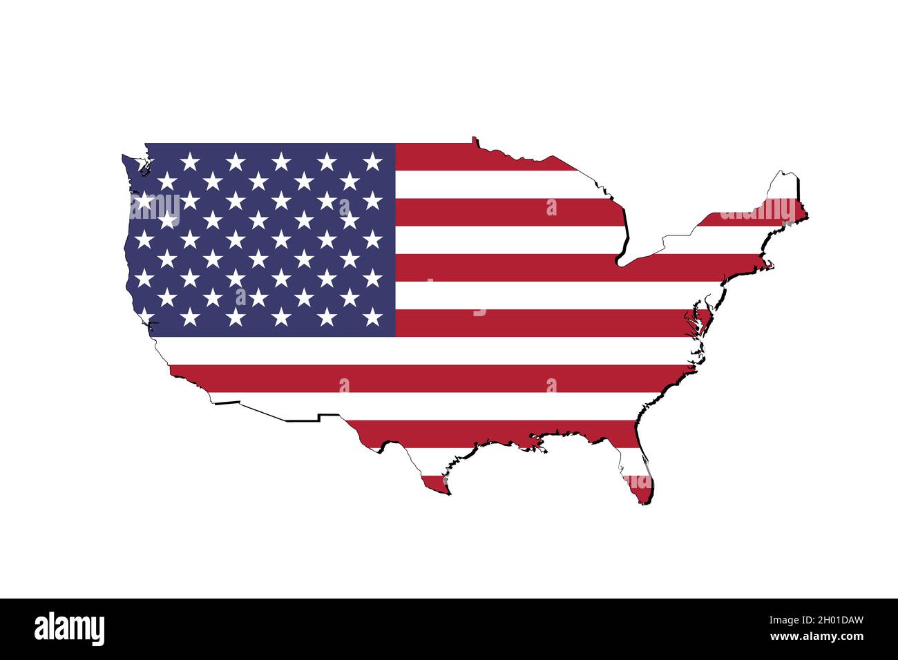 Mappa degli Stati Uniti con la bandiera nazionale sovrapposta al paese. Grafica 3D che proiettare un'ombra sullo sfondo bianco Foto Stock