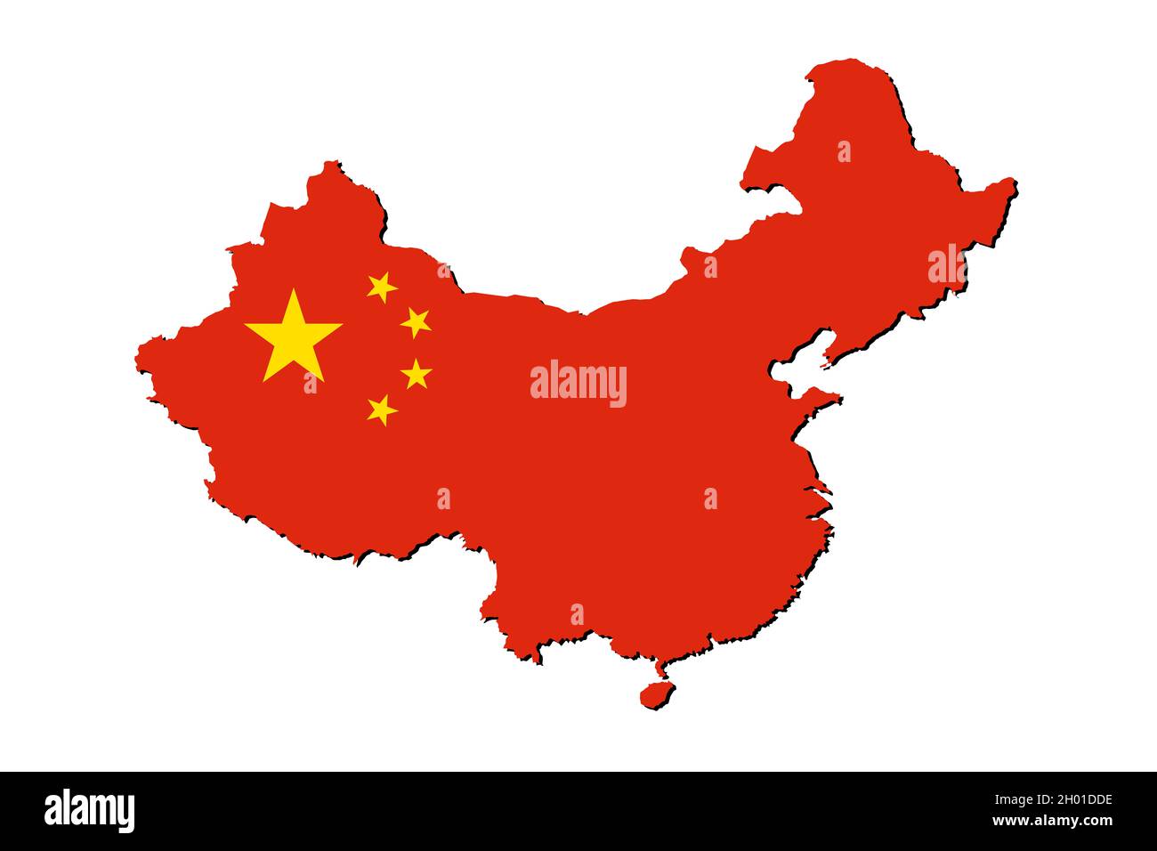 Mappa della Cina con la bandiera nazionale sovrapposta al paese. Grafica 3D che proiettare un'ombra sullo sfondo bianco Foto Stock