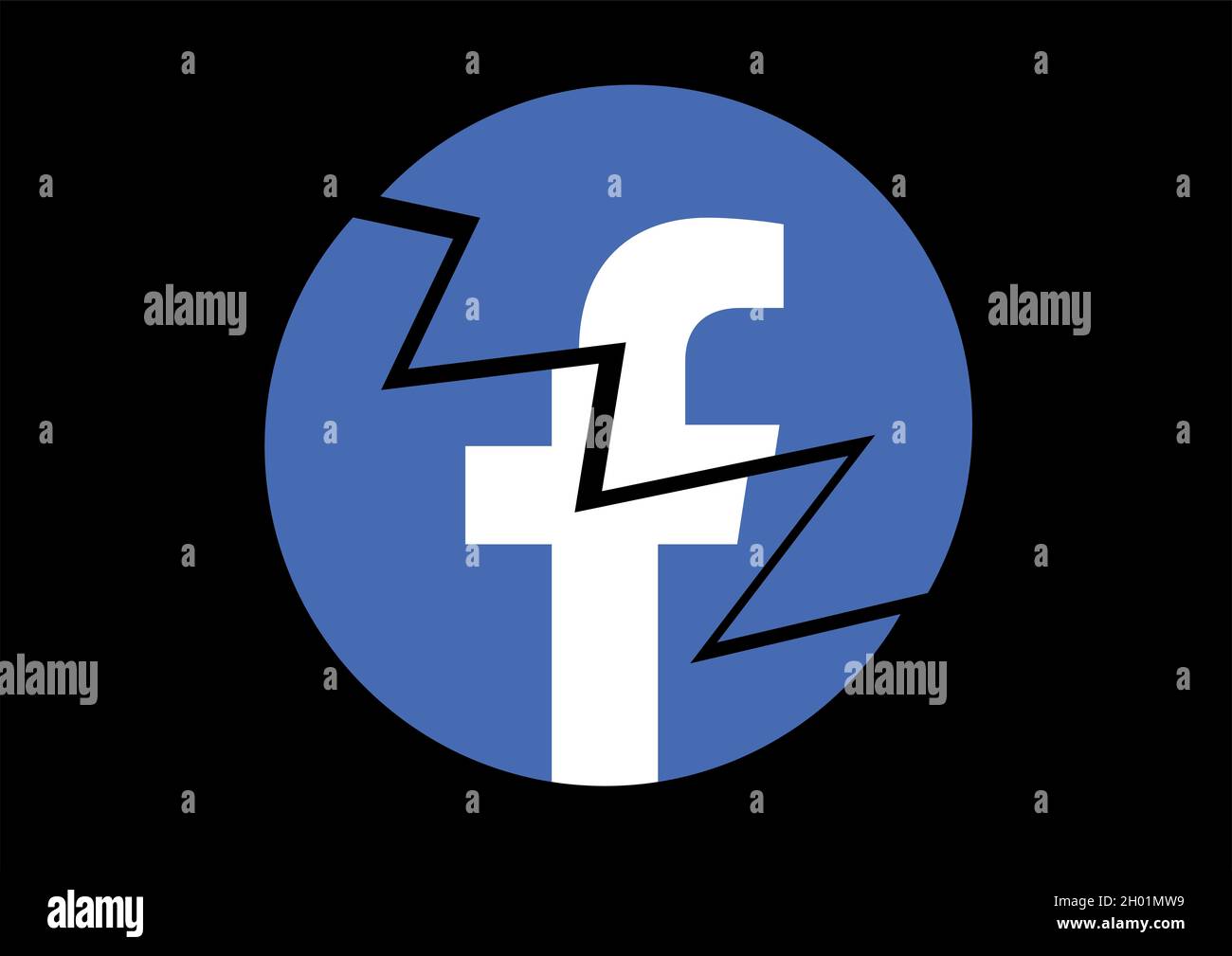 Logo Facebook rotto. Nessun problema di accesso, perdita di dati, interruzione o concetto di caduta del prezzo delle azioni. Foto Stock