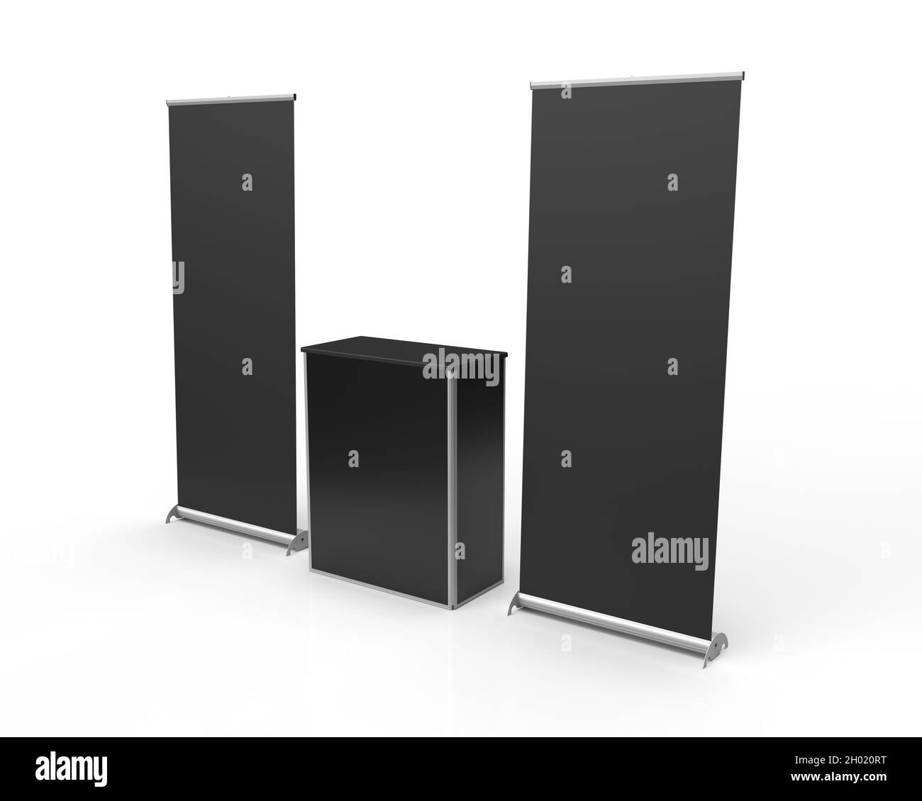 Black pullup Banner Exhibition Display e tavolo Point of sale isolato su sfondo bianco, in prospettiva destra, per mockup e illustrazione Foto Stock