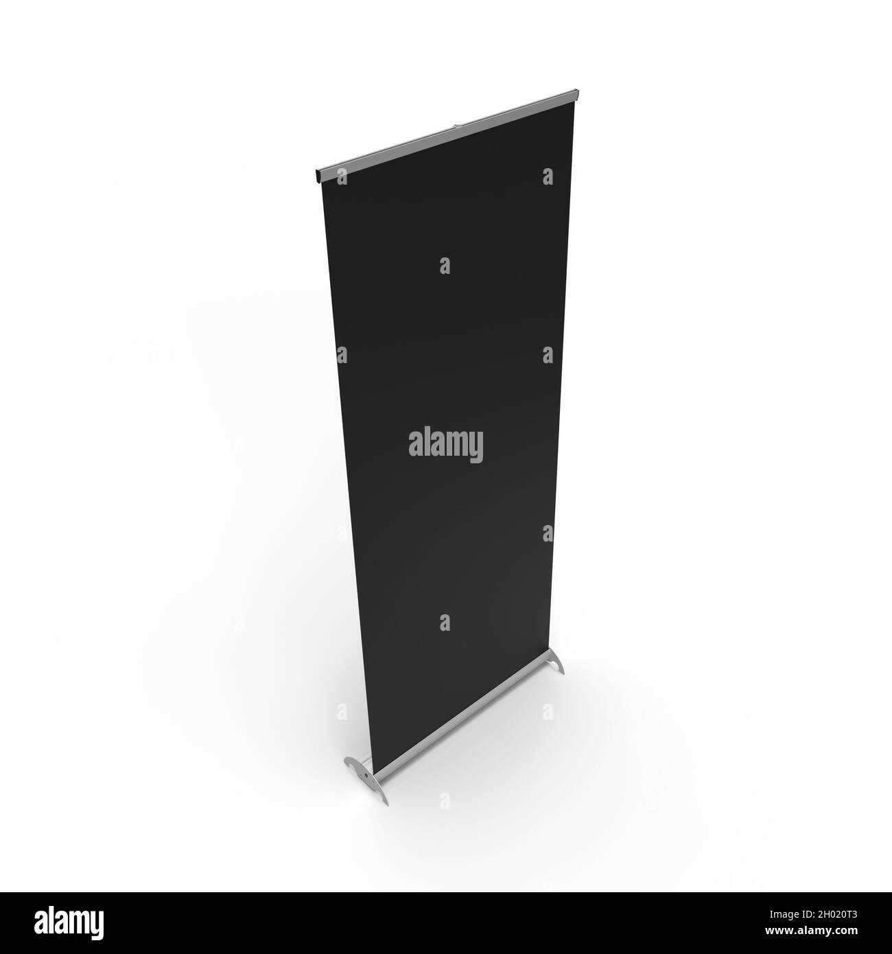 Banner Executive pull up con tela brandibile nera, isolato su sfondo bianco per mockup e illustrazioni. Vista prospettica sinistra. Rendere 3D Foto Stock