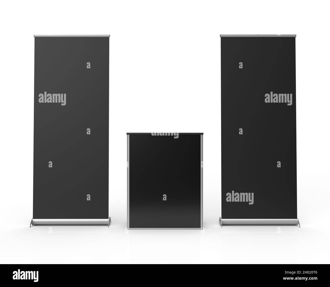 Black PULUP Banner Exhibition Display e tavolo Point of sale isolato su sfondo bianco, vista frontale, per mockup e illustrazione. 3D Re Foto Stock