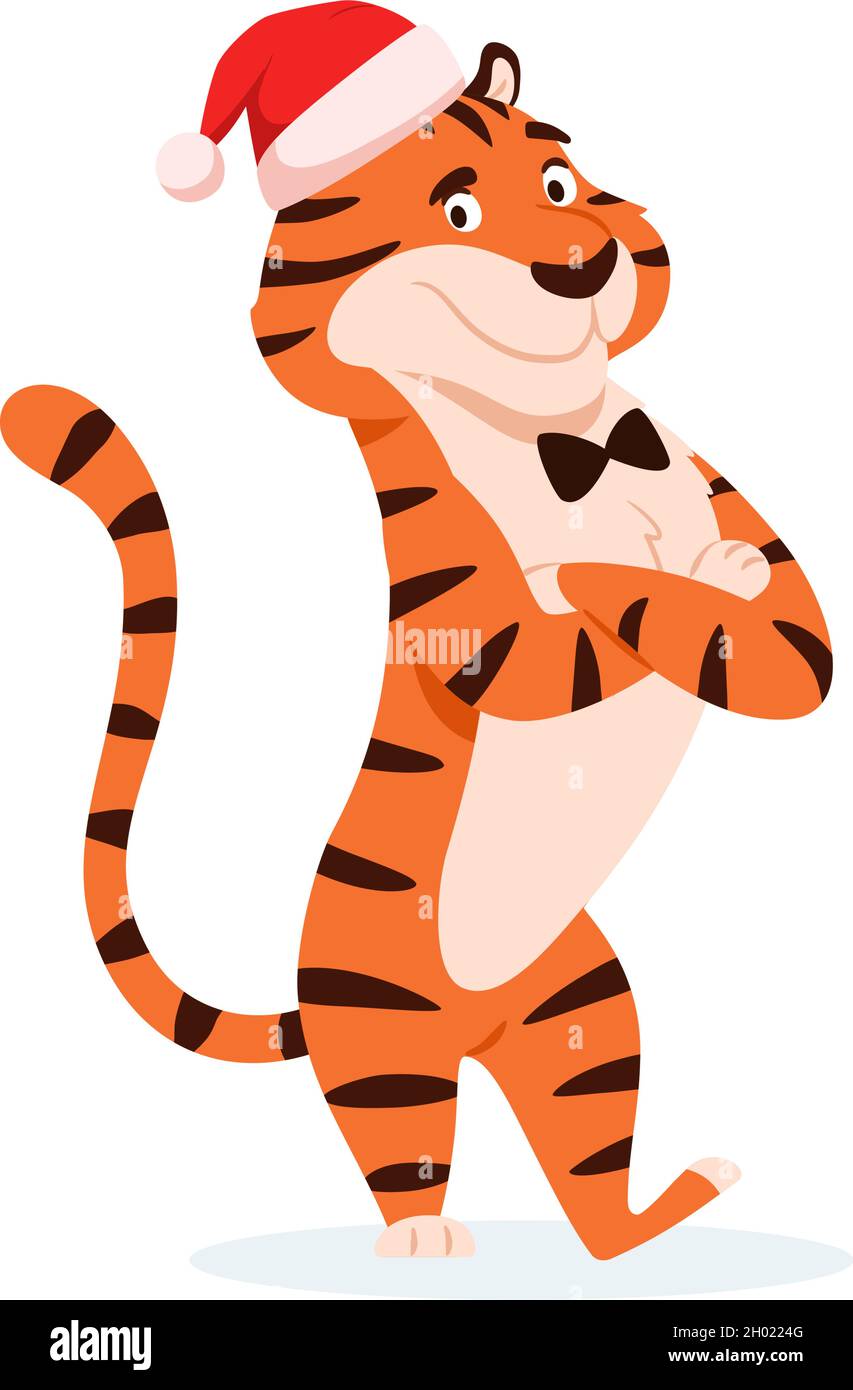 Tigre a righe piatta e divertente con le braccia incrociate. Illustrazione Vettoriale