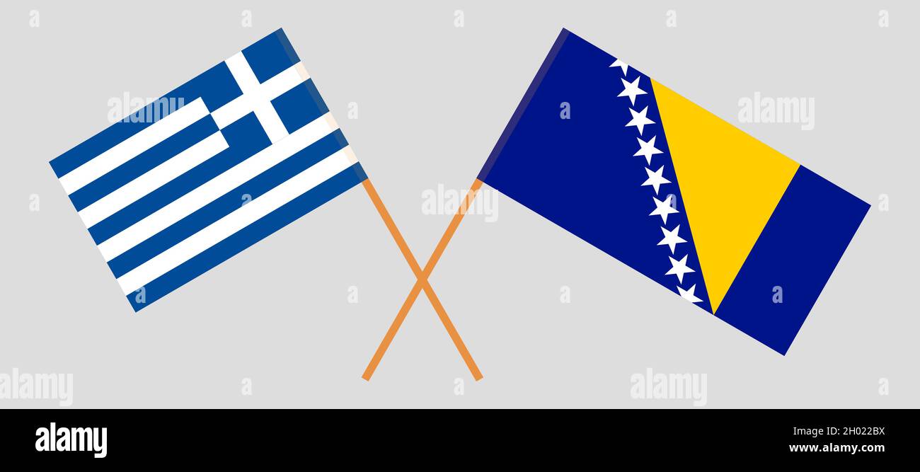 Bandiere incrociate di Bosnia-Erzegovina e Grecia. Colori ufficiali. Proporzione corretta. Illustrazione vettoriale Illustrazione Vettoriale