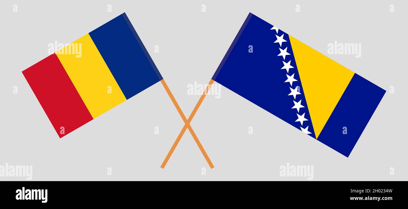 Bandiere incrociate di Bosnia-Erzegovina e Romania. Colori ufficiali. Proporzione corretta. Illustrazione vettoriale Illustrazione Vettoriale