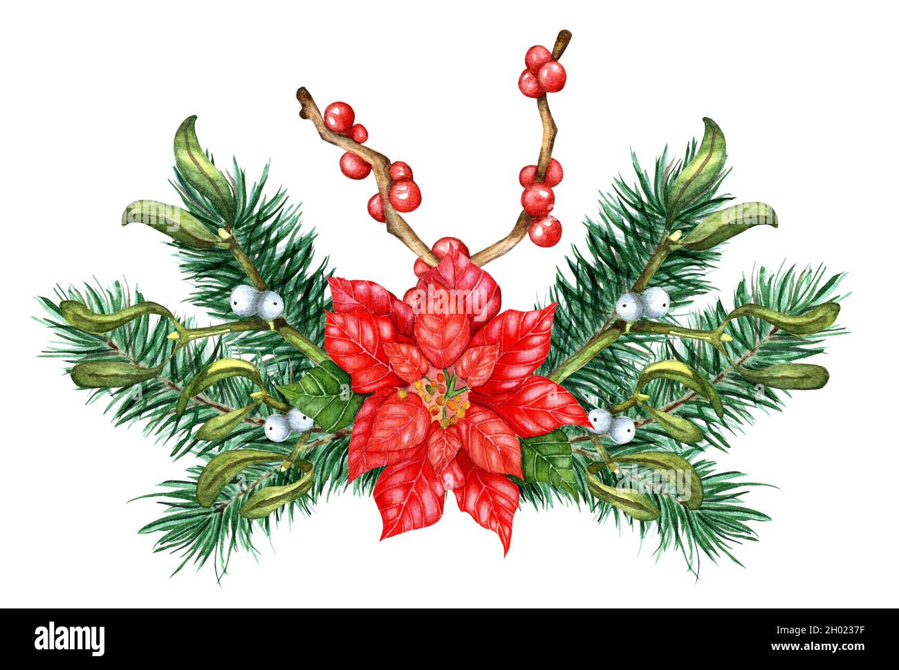 Bouquet di Natale di rami di abete, boccale, poinsettia, Holly, Ilex. Illustrazione acquerello di decorazione festiva da rami di piante invernali. Isolat Foto Stock