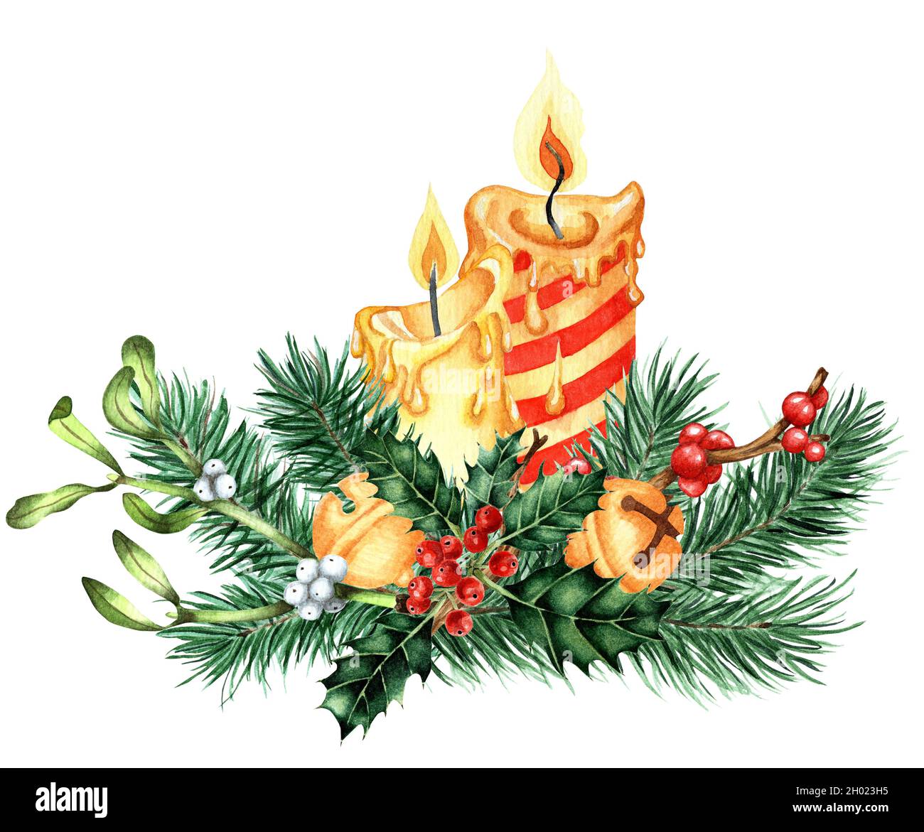 Decorazioni per Natale e Capodanno. Illustrazione acquerello di candele decorate con rami di abete, agrifoglio, ilex, vischio e campane. Isolato su bianco Foto Stock