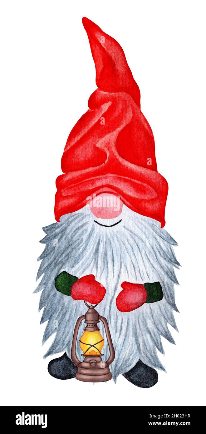 Un simpatico gnomo in un cappuccio rosso e dei guanti, con una lunga barba grigia e una lanterna in mano. Acquerello illustrazione di uno gnome scandinavo per Natale Foto Stock