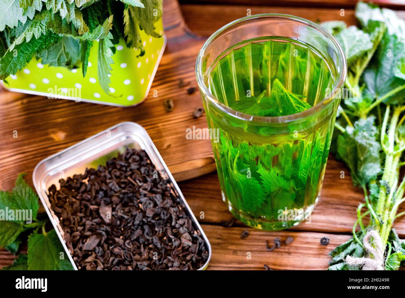 Tisane curative con ortica. Tè in un bicchiere su un tavolo di legno. Rimedio popolare. La fonte di vitamine e antiossidanti. Foto Stock
