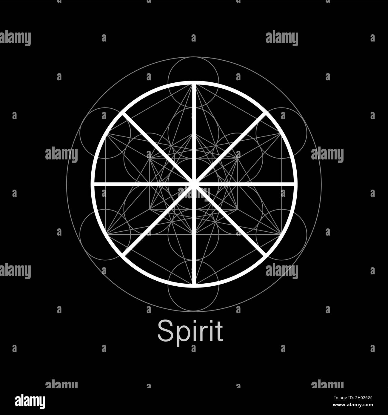 Simbolo dello spirito icona dell'alchimia di wicca, geometria sacra, disegno del logo magico del segno spirituale. Vettore mandala linea bianca art isolato su sfondo nero Illustrazione Vettoriale