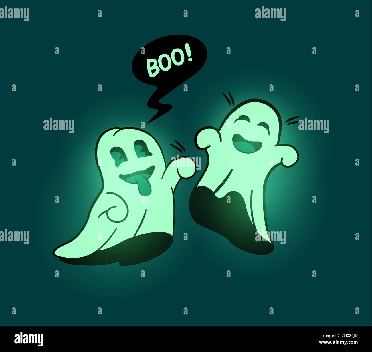 Bagliore verde nel buio fantasmi giocosi divertirsi e ridere, Halloween vettore illustrazione, Illustrazione Vettoriale