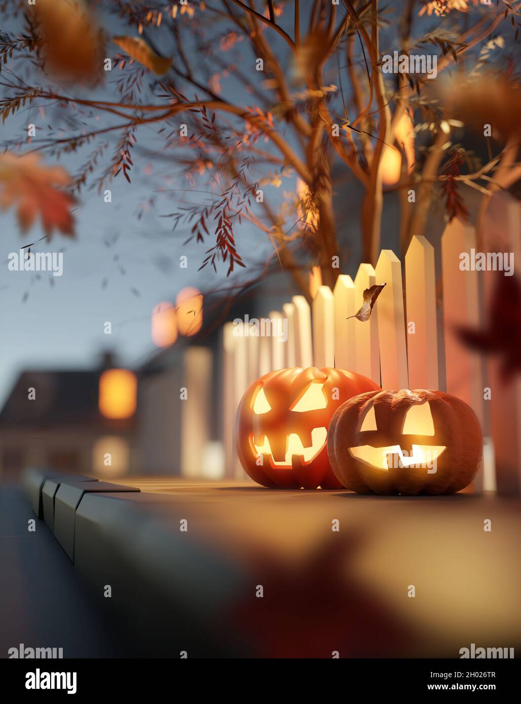 Scintillante Jack o Lanterna Halloween decorazioni zucca al crepuscolo all'esterno su una strada suburbana pavimentazione. Illustrazione 3D. Foto Stock