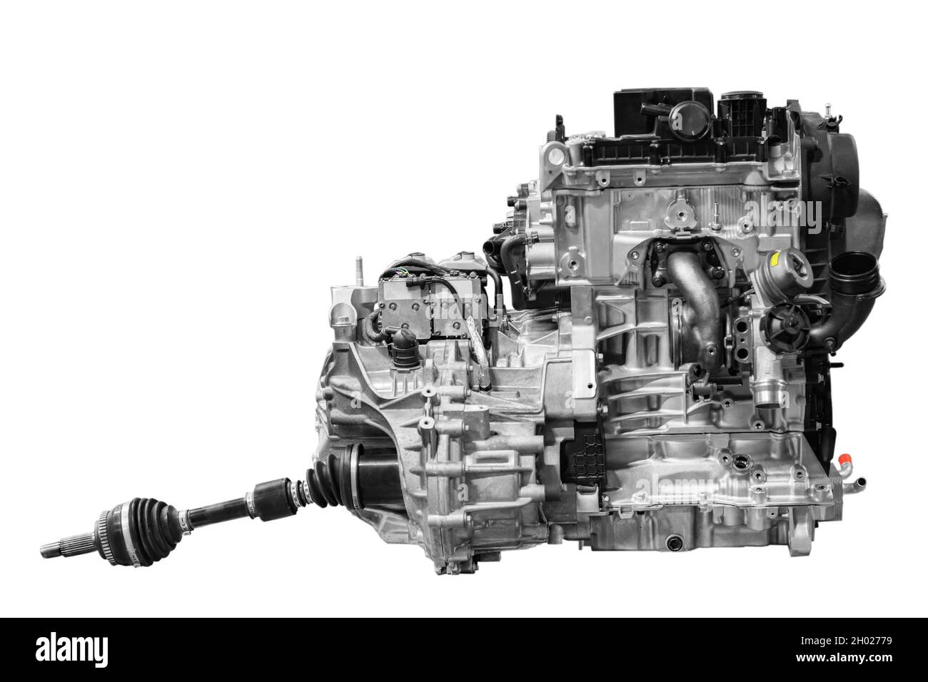 motore a combustione interna con gruppo cambio su sfondo bianco Foto Stock