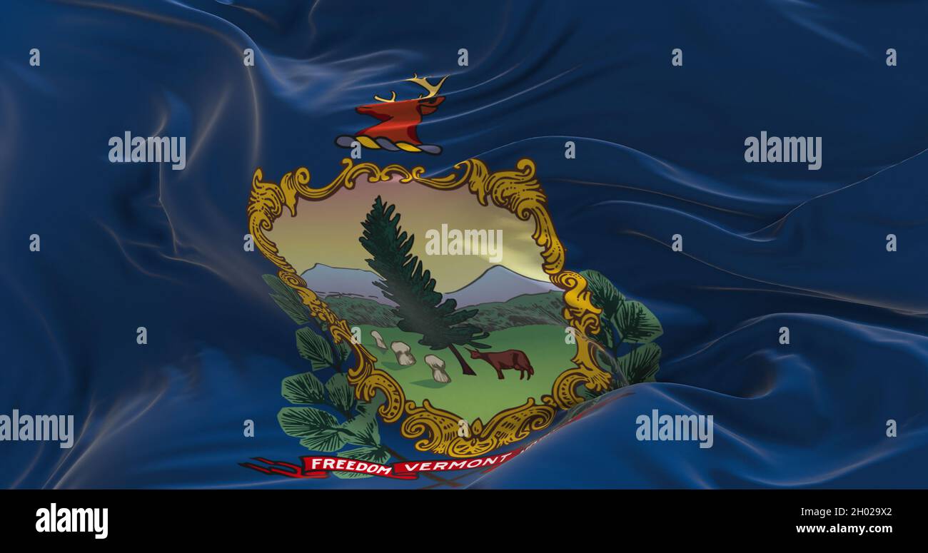 Bandiera del Vermont ondeggiante nel vento. Concetto patriottico di stato. illustrazione 3d. Foto Stock