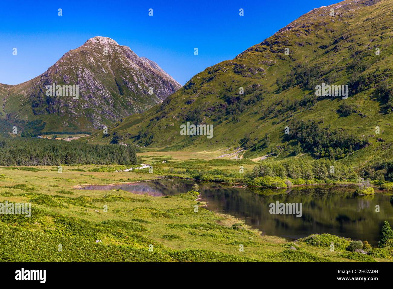 Spettacolare paesaggio di montagna e rurale a Glen Etive, nelle Highlands della Scozia, in una giornata limpida e estiva Foto Stock