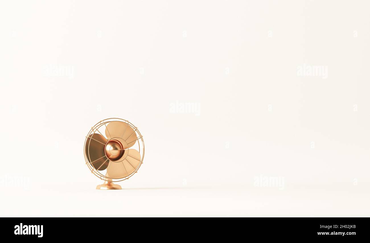 Ventilatore d'epoca d'oro con sfondo di colori beige neutri. Rendering 3d trendy per banner, promozioni e immagini sui social media. Sfondo chiaro Foto Stock