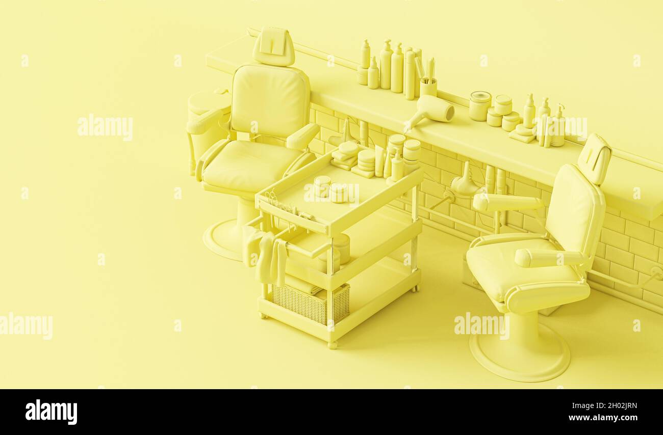 Barbiere giallo pastello monocromatico minimal moderno. Interior design femminile per parrucchieri. Parrucchiere con attrezzatura, pacchetto per prodotti per la cura dei capelli Foto Stock