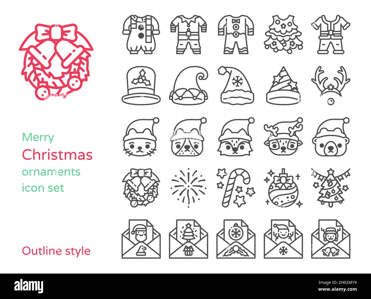 Ornamenti di Natale e set di icone. Stile linea e contorno Illustrazione Vettoriale