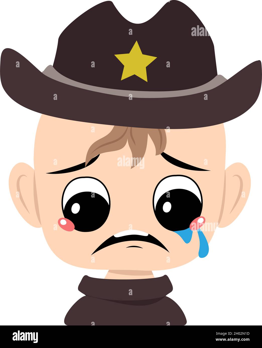 Ragazzo con pianto e lacrime di emozione, volto triste, occhi depressivi in berfio con stella gialla. Testa di bambino carino con espressione malinconia in costume da carnevale per la vacanza Illustrazione Vettoriale