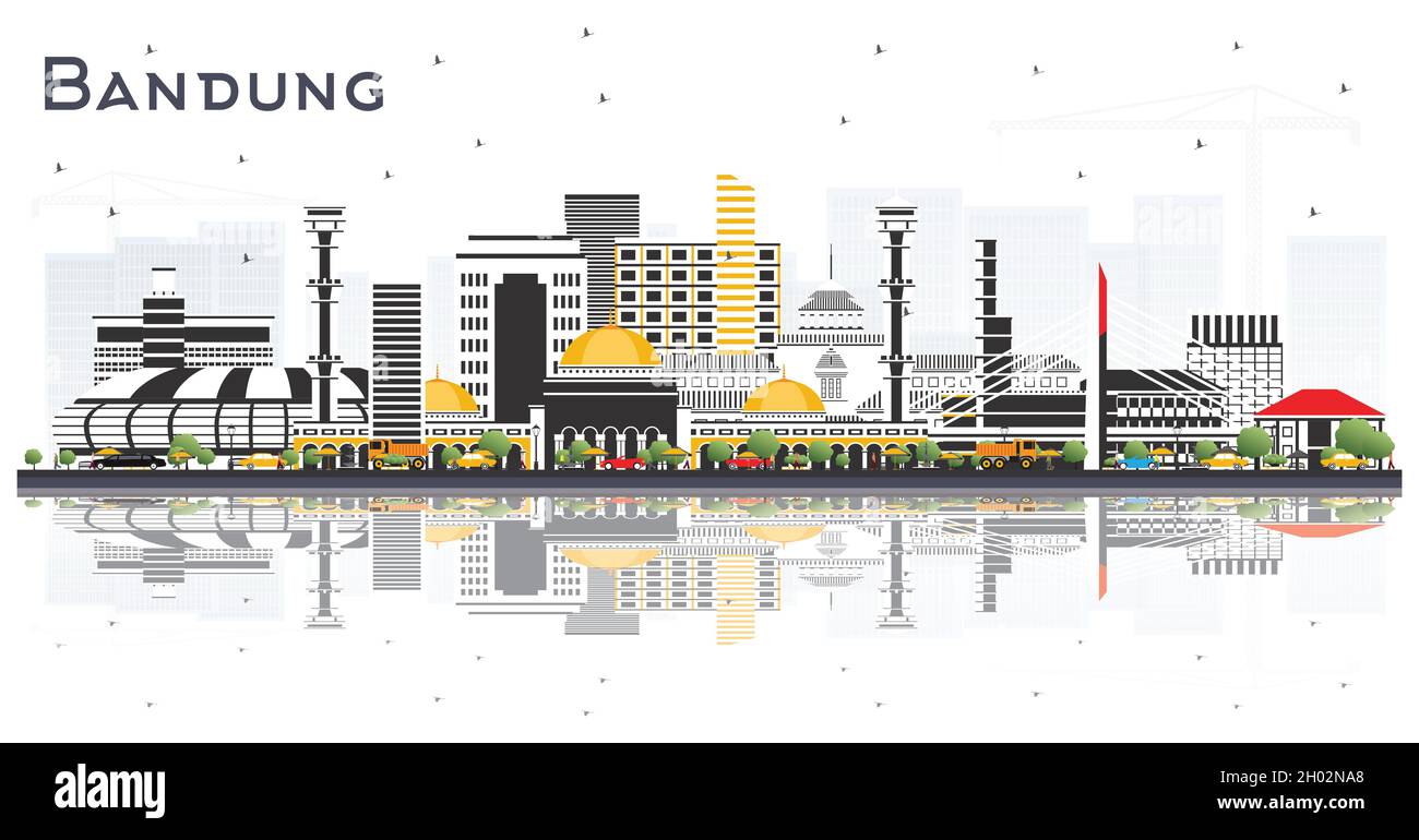 Bandung Indonesia City Skyline con edifici grigi e riflessi isolati su bianco. Illustrazione vettoriale. Illustrazione Vettoriale