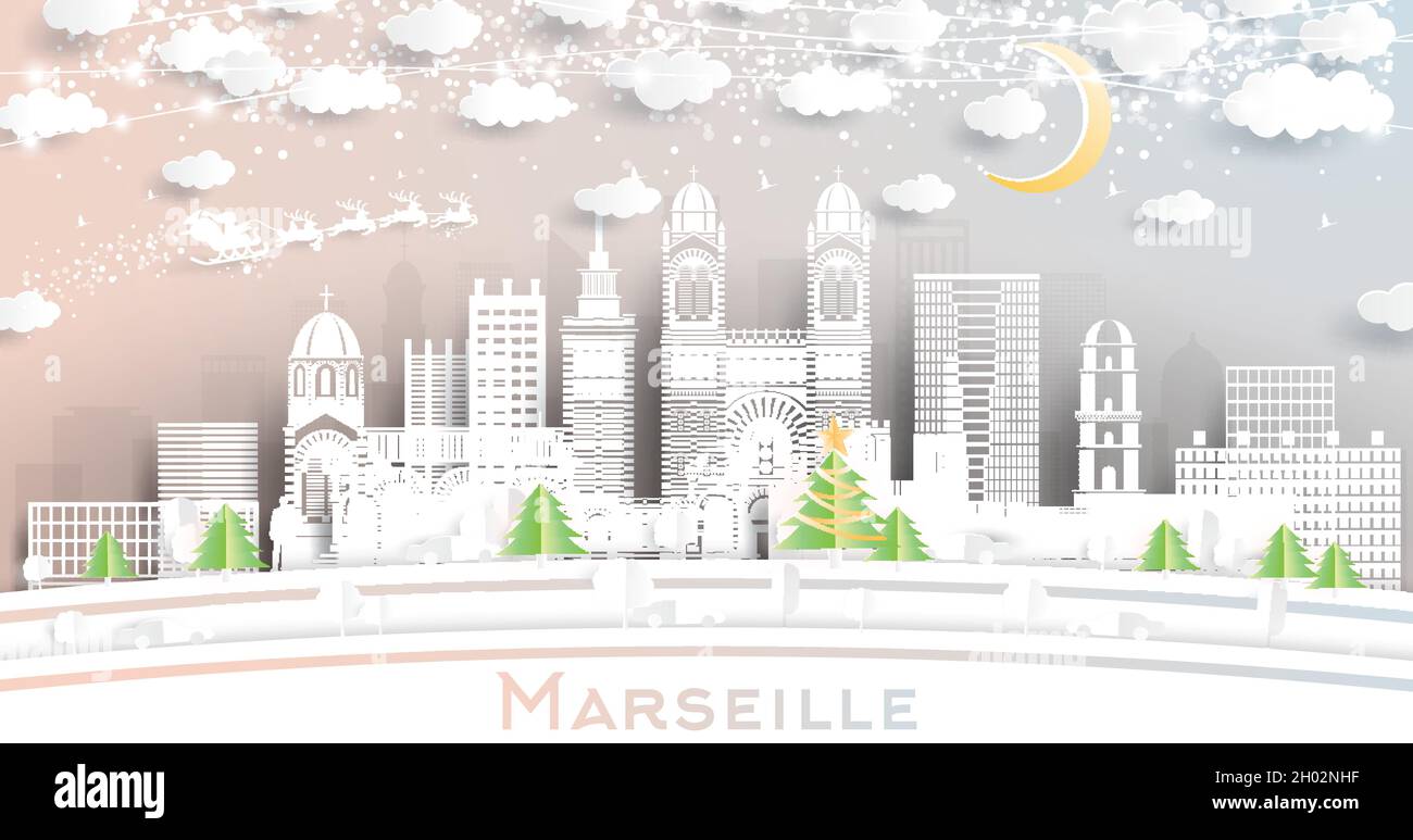 Marseille France City Skyline in stile Paper Cut con fiocchi di neve, Luna e Neon Garland. Illustrazione vettoriale. Natale e Capodanno. Illustrazione Vettoriale