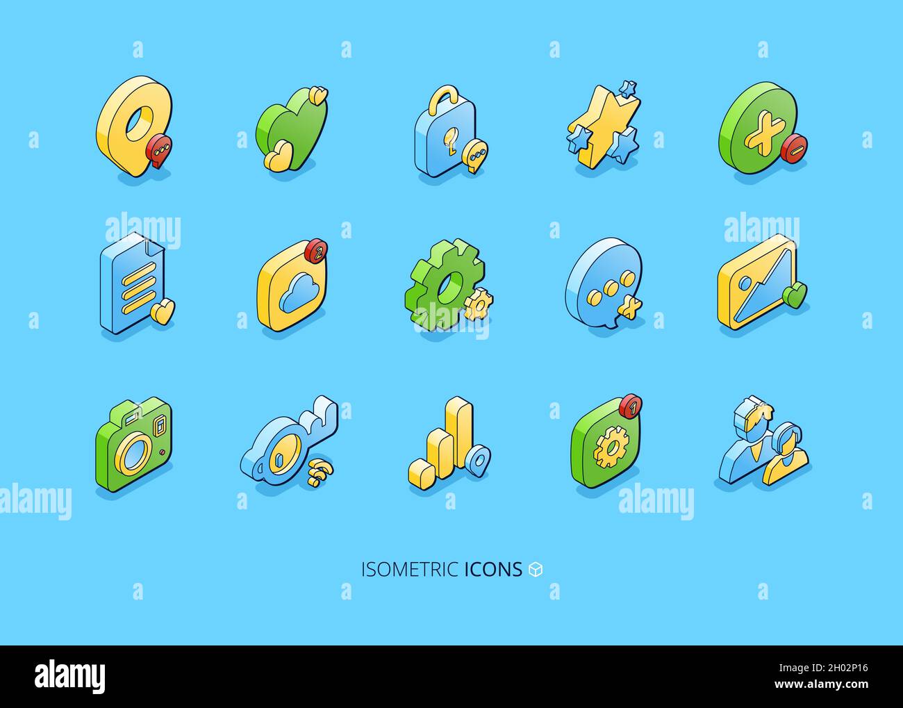 Set di icone isometriche dei social media, simboli 3D SMM mappa pin, come cuore, lucchetto e stelle. Archiviazione cloud, documenti e ruota dentata, fumetto vocale, file multimediale, fotocamera, Chiave o wifi, segni vettoriali Illustrazione Vettoriale