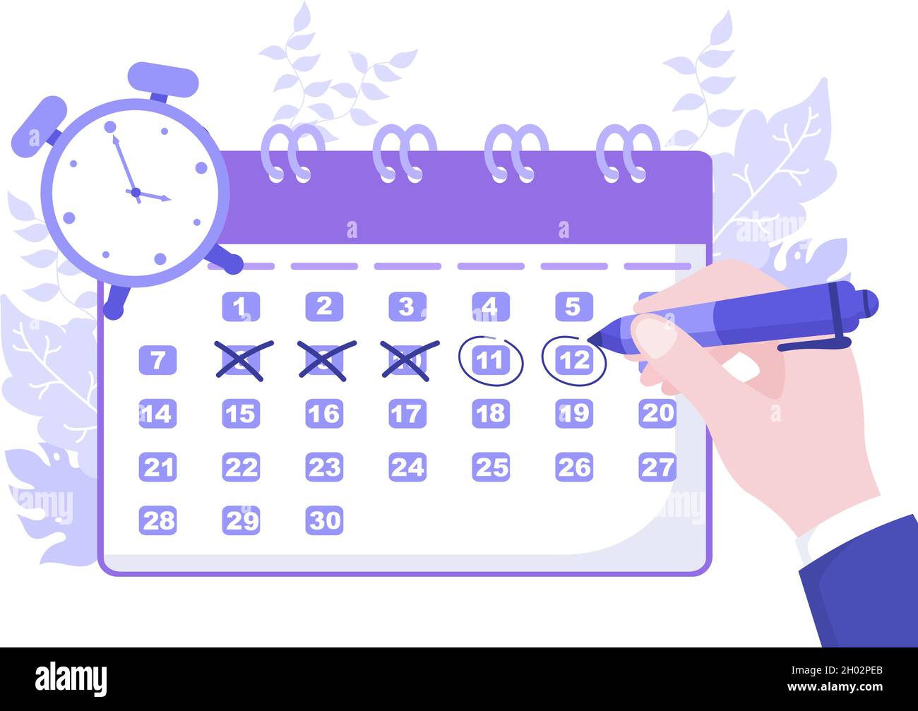 Calendario sfondo Illustrazione vettoriale con segno circolare per la pianificazione materia importante, Gestione del tempo, Organizzazione del lavoro ed Eventi di vita Notificatio Illustrazione Vettoriale