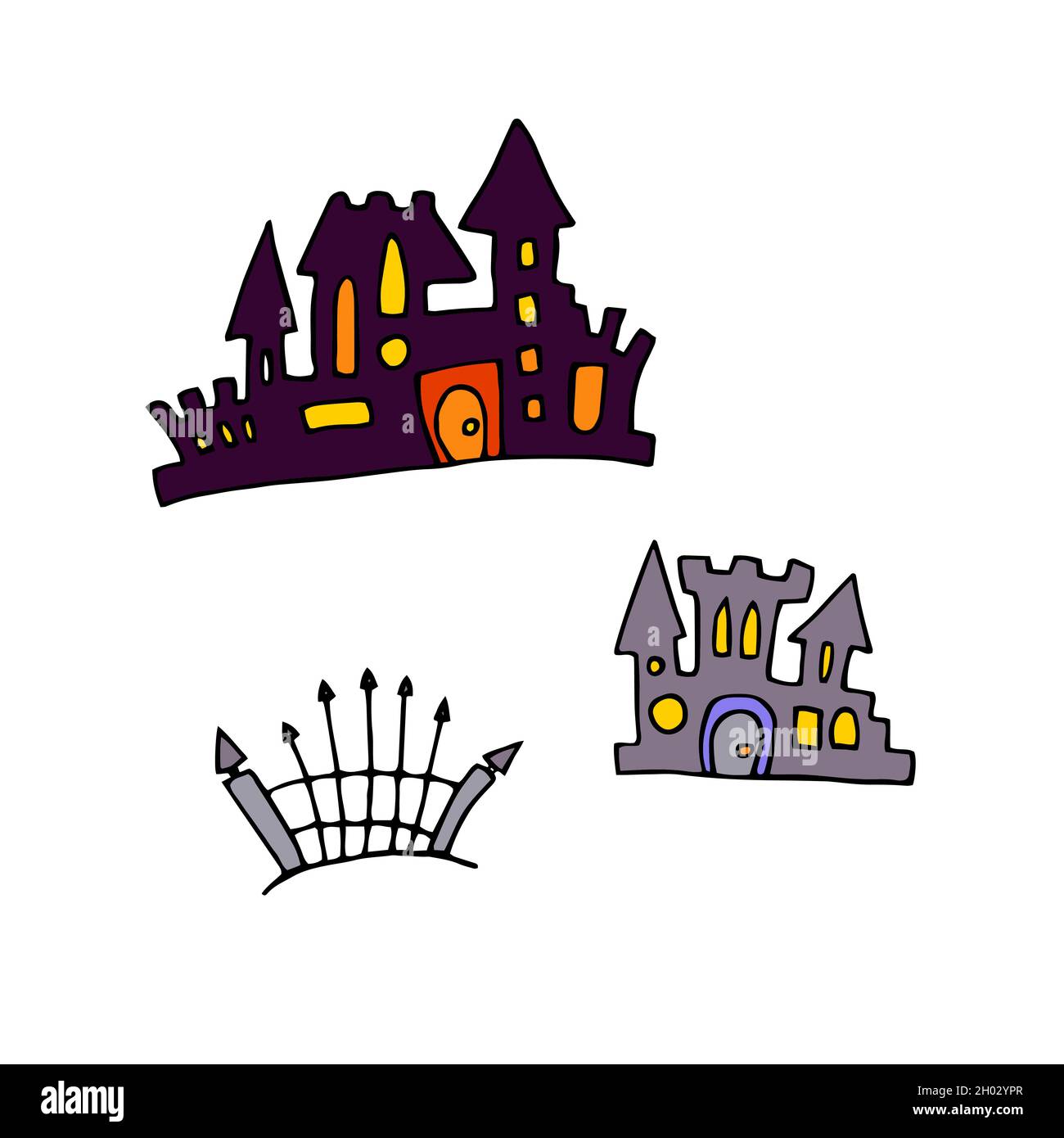 Set castelli vettore Doodle. Case disegnate a mano isolate su sfondo bianco. Torri colorate per stampe per bambini, Halloween, abbigliamento. Castello cartoon con Illustrazione Vettoriale