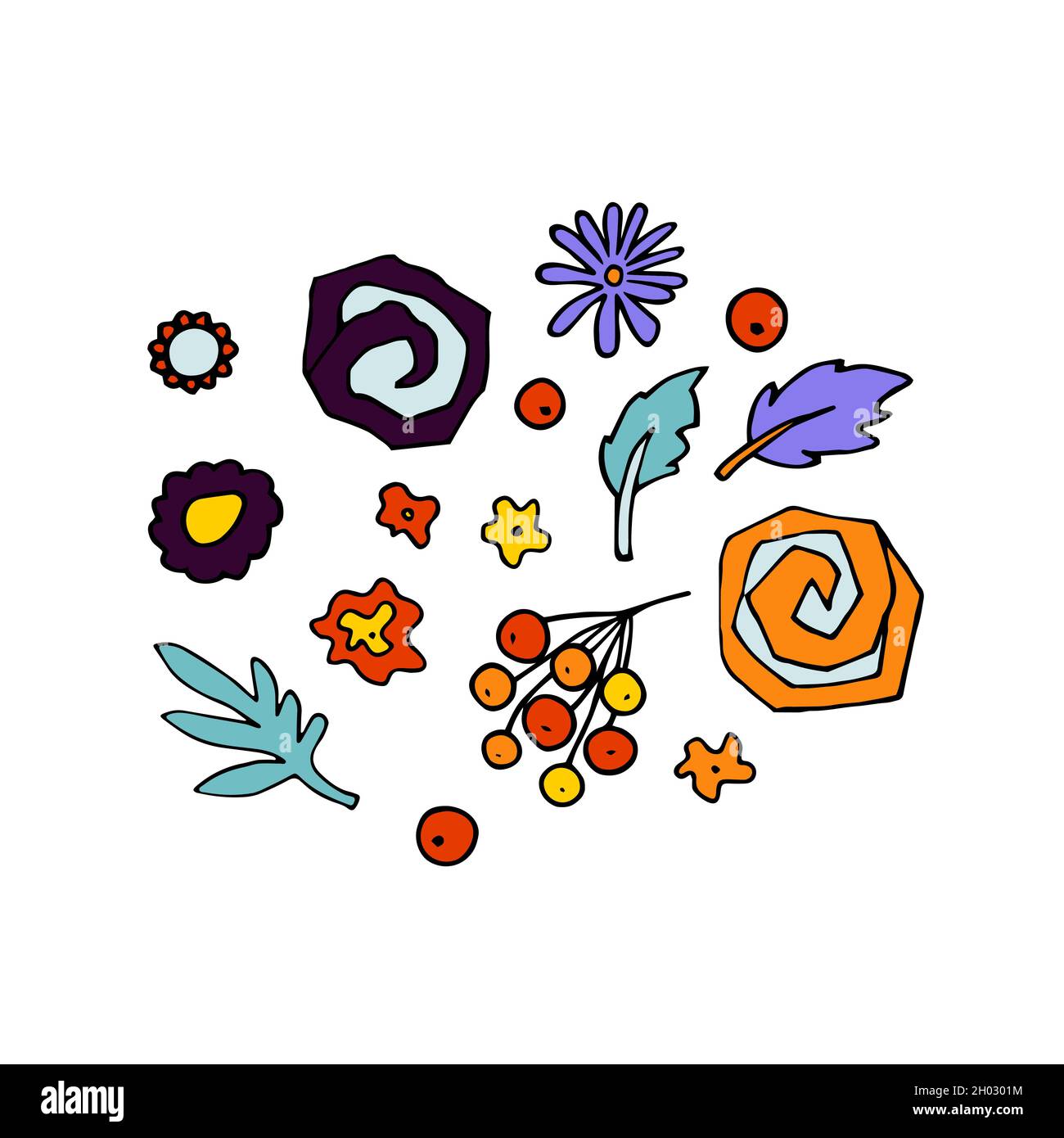 Set di fiori di Doodle. Colorare piante astratte, boccioli, bacche isolate su sfondo bianco. Foglie, petali disegnate a mano. Segni decorativi. Halloween stilizzato Illustrazione Vettoriale