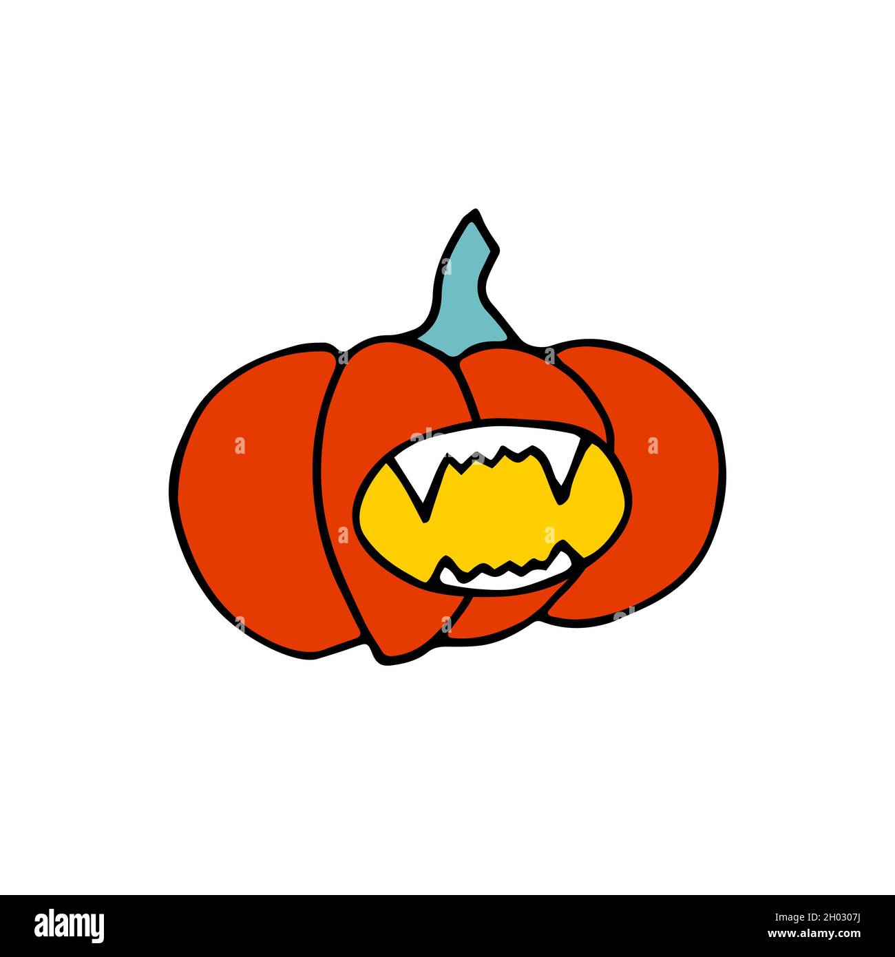 Doodle Halloween zucca spaventosa arancione. Faccia divertente, creepy, sorridente con i fangs. Happy Halloween Holiday Symbol isolato su sfondo bianco. Carattere Illustrazione Vettoriale