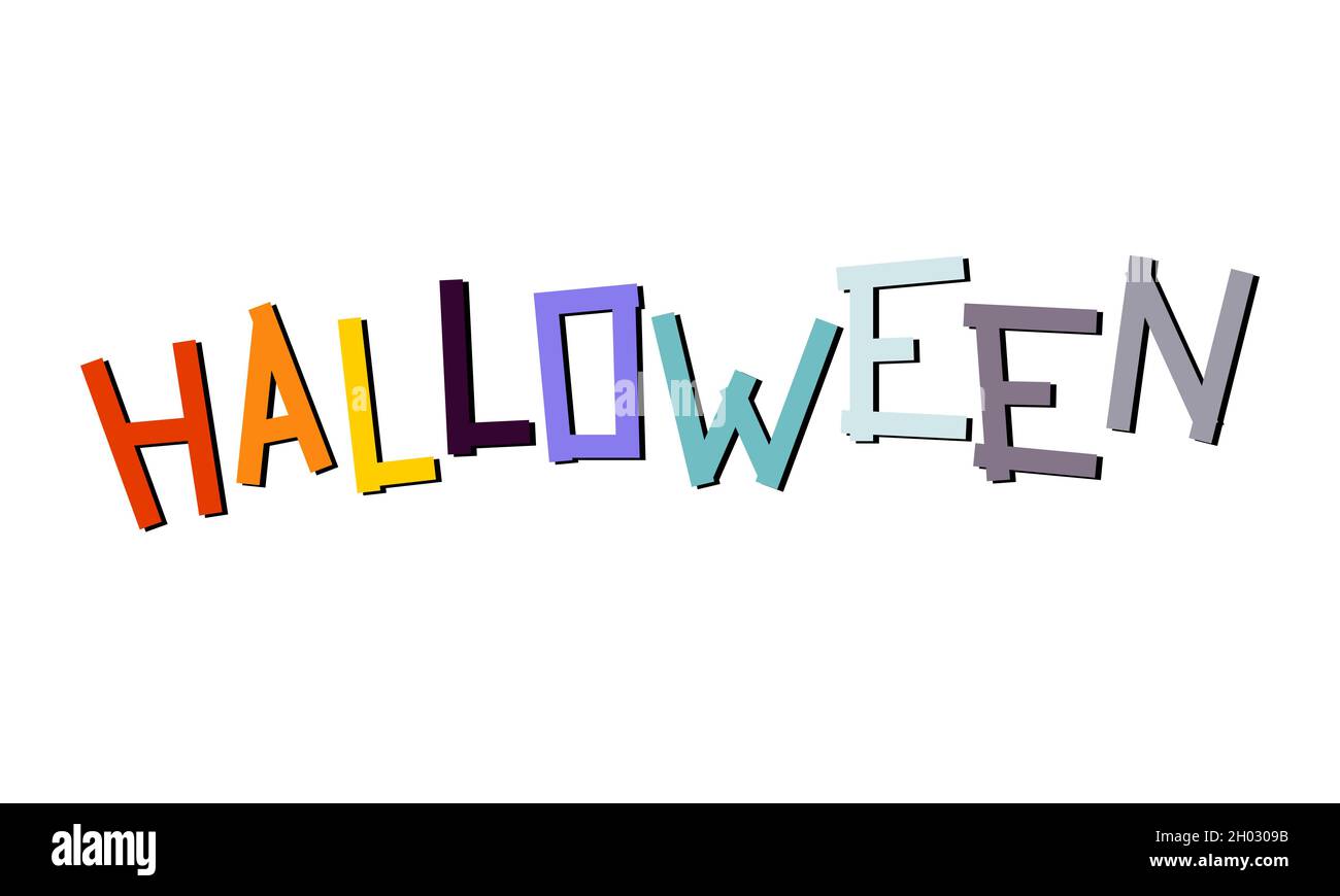 Scritta di Halloween. Iscrizione colorata isolata su sfondo bianco. Banner con elemento luminoso per vacanze autunnali. Poster delle festività il 31 ottobre. Illustrazione Vettoriale