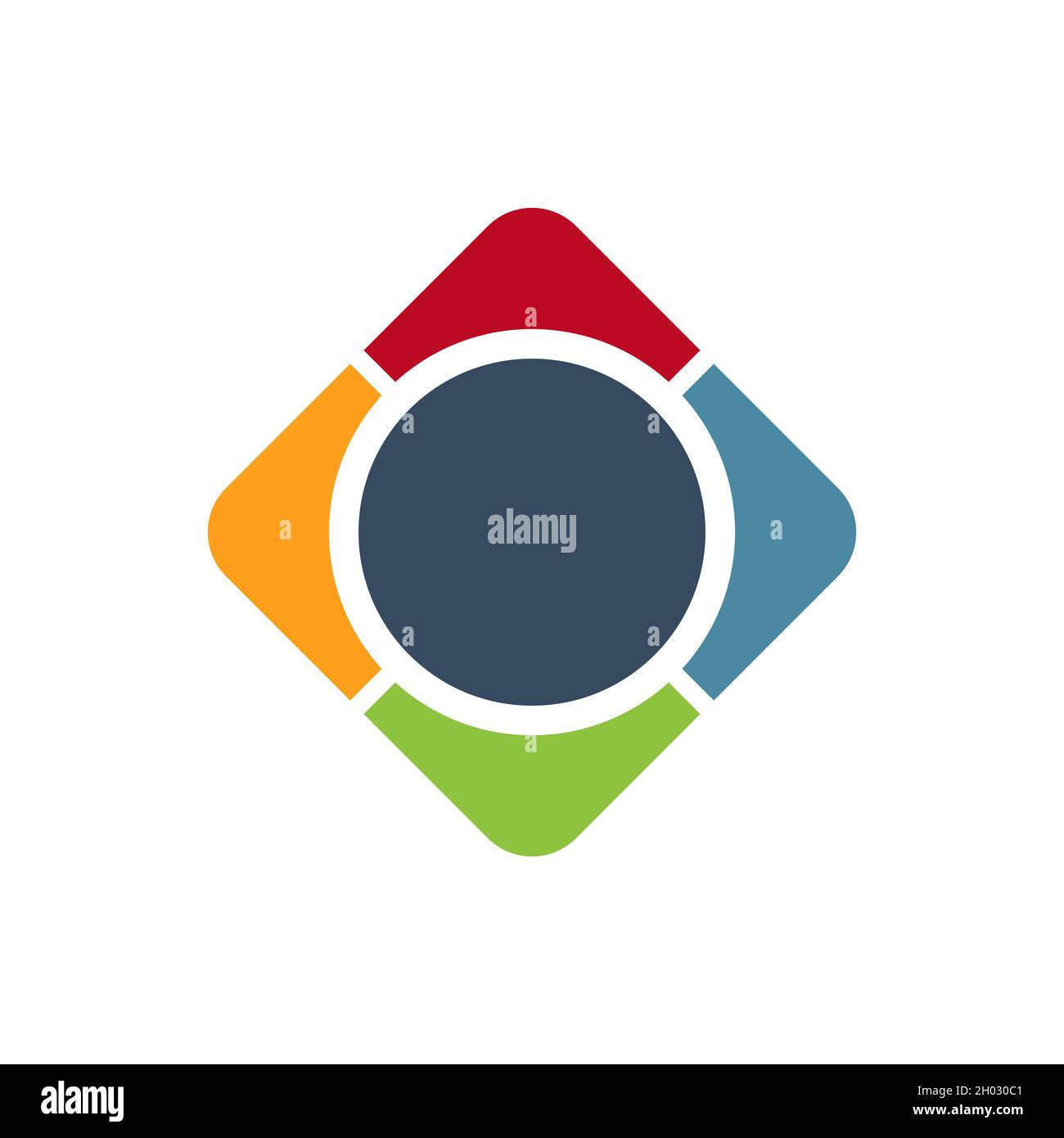 modello di logo con cornice multicolore. Rhombus con quattro frecce in direzioni diverse. Illustrazione del vettore di scorta isolata su sfondo bianco. Illustrazione Vettoriale