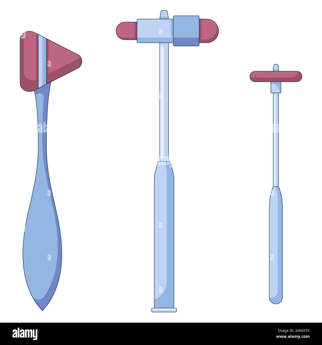 Diversi martelli per il controllo dei riflessi del paziente, il medico fornisce un set di icone in stile piatto. Illustrazione Vettoriale