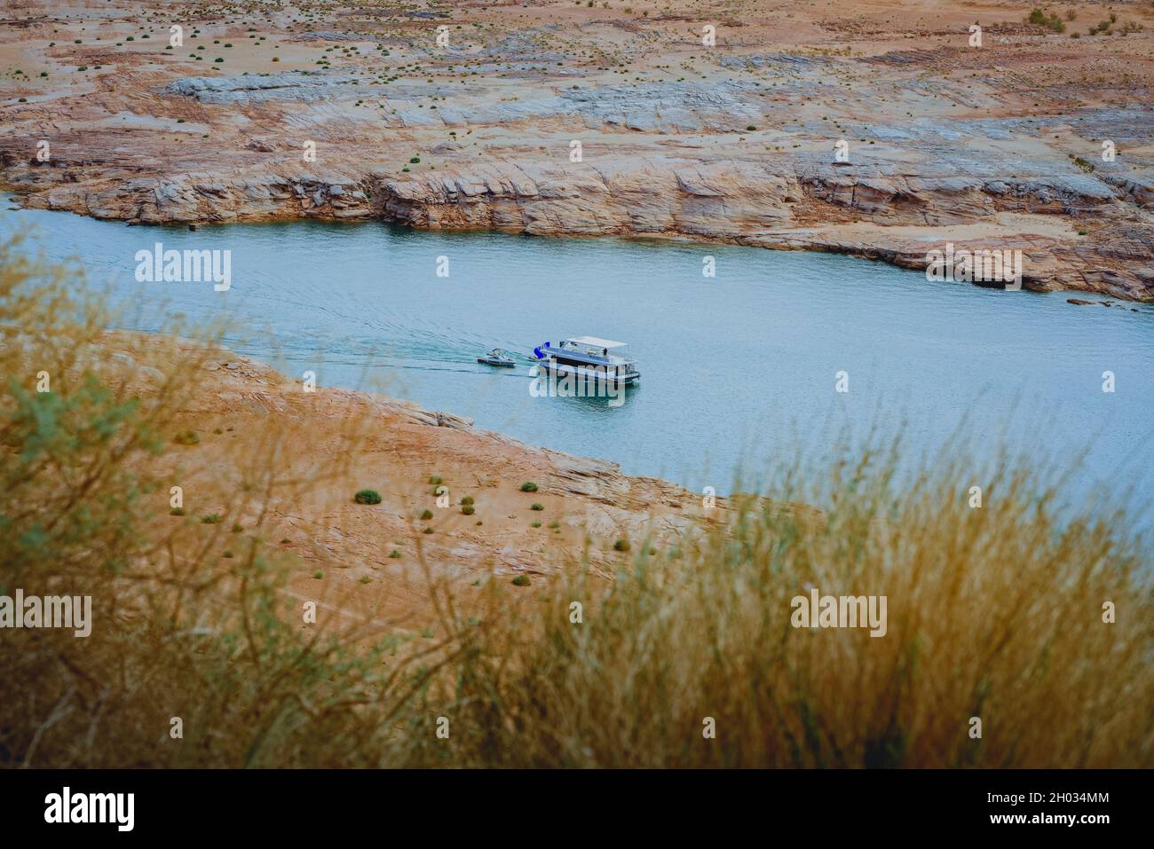 Houseboat sul lago Powell nello Utah, lungo e bellissimo litorale con piante native sulla spiaggia sullo sfondo Foto Stock