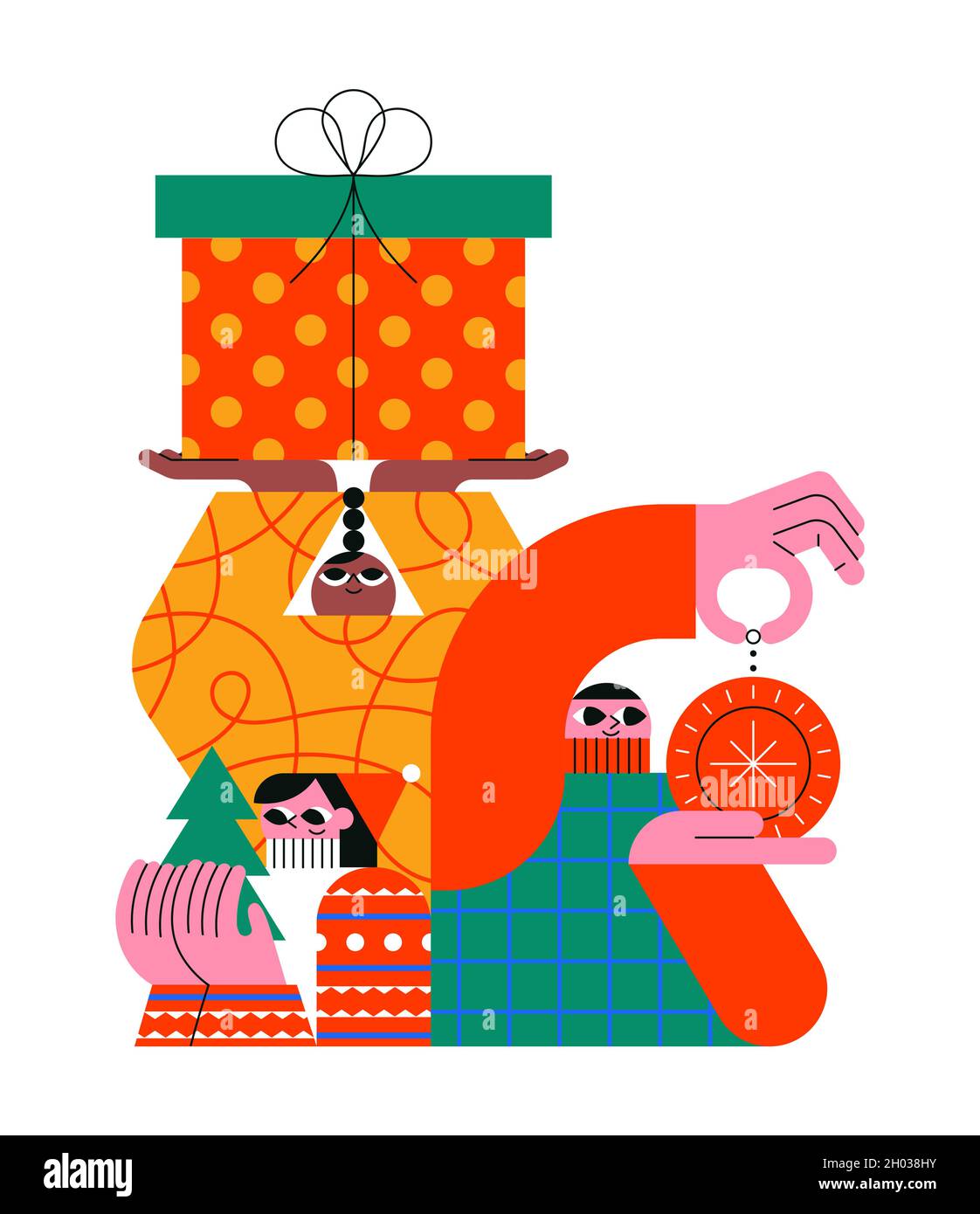 Gruppo di giovani amici diversi con regali di natale e ornamento vacanza invernale su sfondo bianco isolato. Illustrazione moderna di stile cartoon piano per f Illustrazione Vettoriale