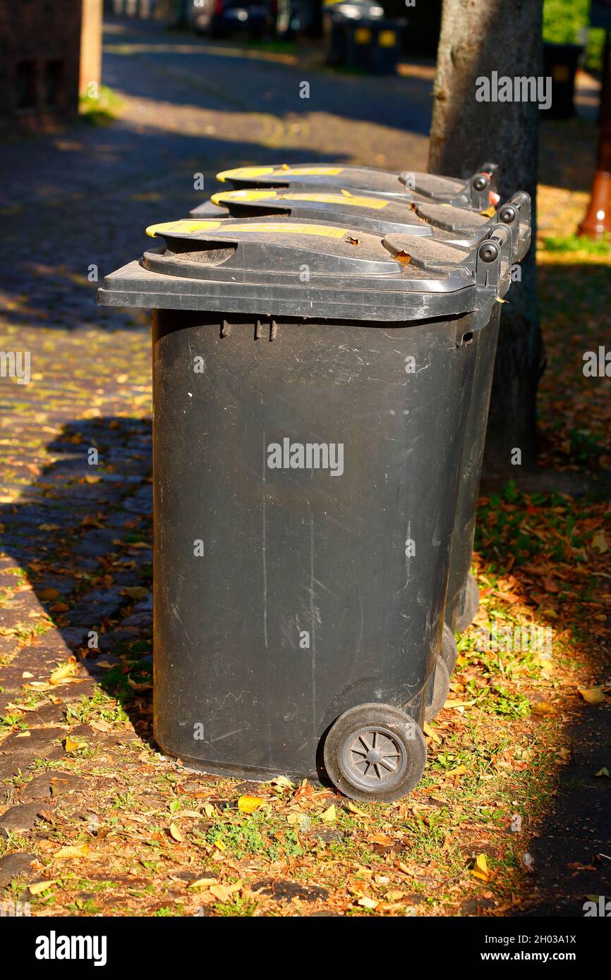 Riciclaggio di bidoni per rifiuti, bidoni per rifiuti residui in piedi sul marciapiede, Germania, Europa Foto Stock