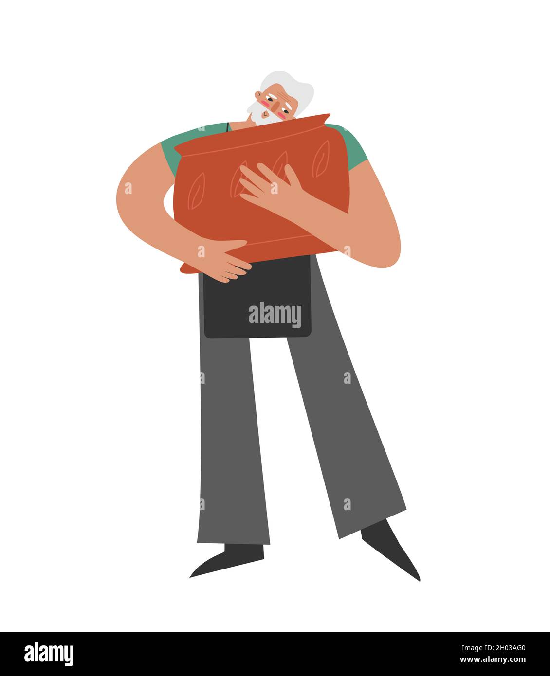 Illustrazione piatta isolata vettoriale con uomo caucasico anziano. Vecchio studente abbraccia vaso di ceramica che ha fatto dopo classe di scultura. Hobby preferito e b Illustrazione Vettoriale