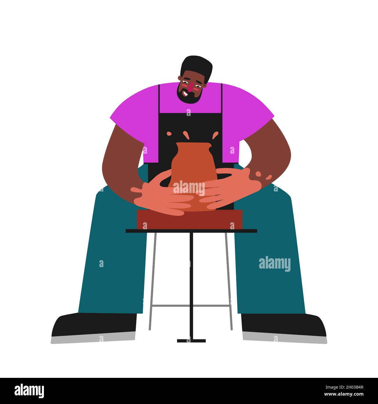Illustrazione piatta isolata vettoriale con uomo africano americano adulto che lavora alla ruota della ceramica. Lo studente impara a preparare il vaso in ceramica. Mani e grembiule di hap Illustrazione Vettoriale