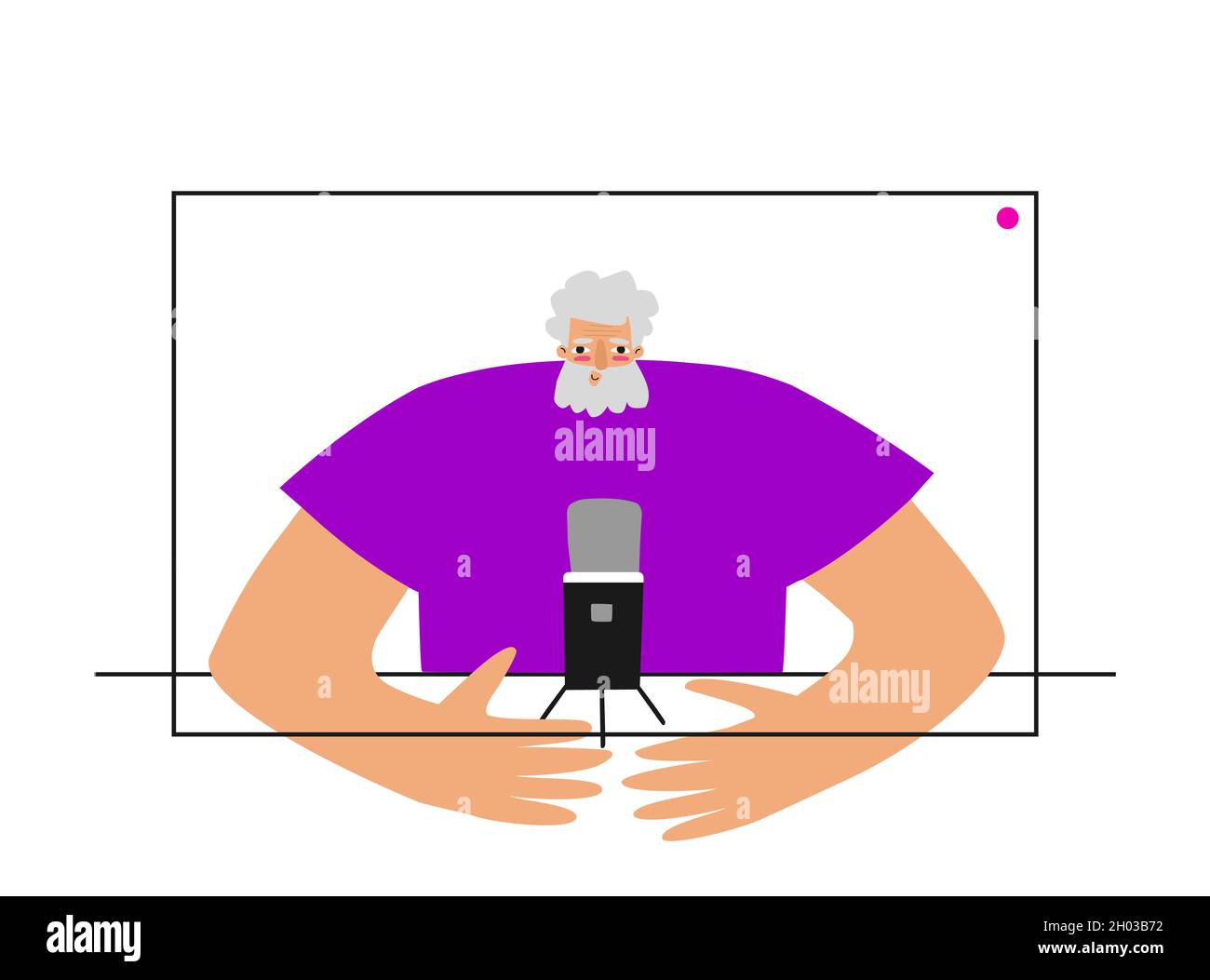 Concetto piatto vettoriale con computer e vecchio uomo caucasico (sullo schermo) utilizzando i servizi di streaming online a casa per la registrazione di video su webcam. Confere remoto Illustrazione Vettoriale