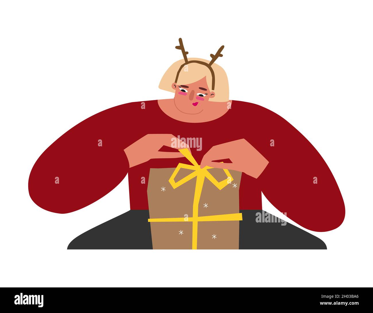 Ritratto isolato vettoriale di donna caucasica con cerchietto sventolante  confezione regalo nel periodo di Natale. Preparazione per le vacanze. Cute  signora tiene arco f Immagine e Vettoriale - Alamy