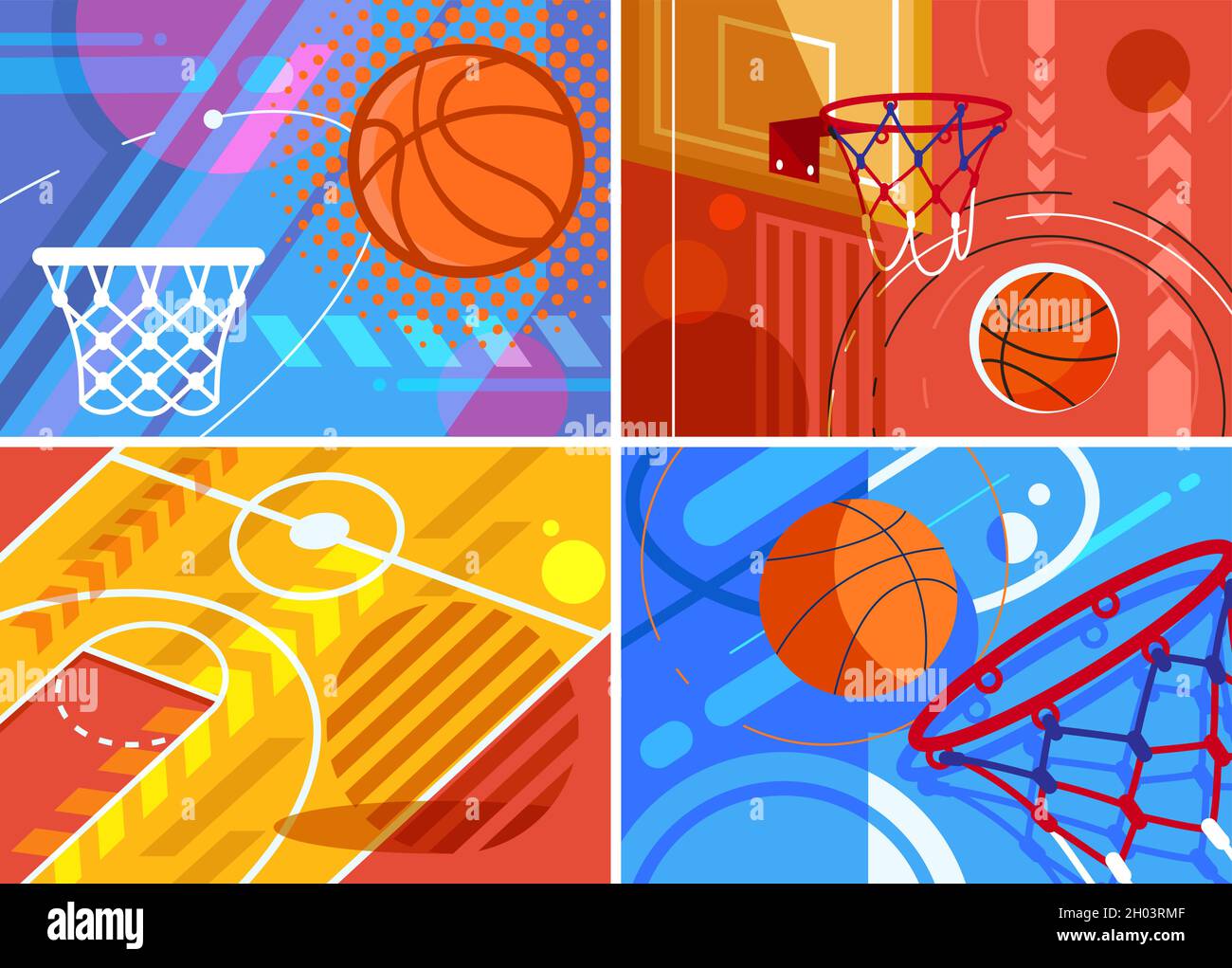 Collezione di striscioni da basket. Design della targhetta in stile piatto. Illustrazione Vettoriale