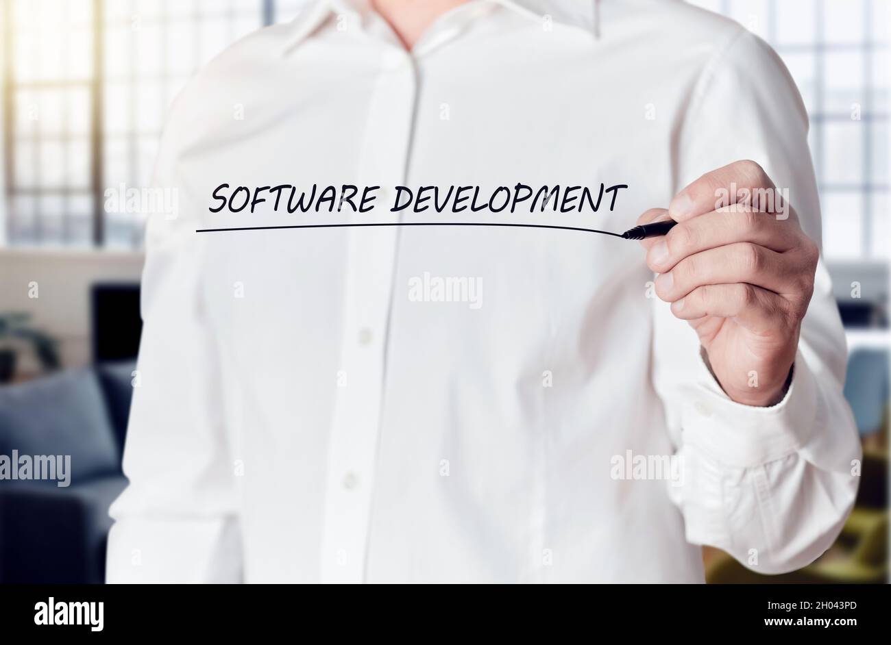 La mano dell'uomo d'affari tiene una penna e sottolinea le parole sviluppo del software su uno schermo virtuale. Foto Stock